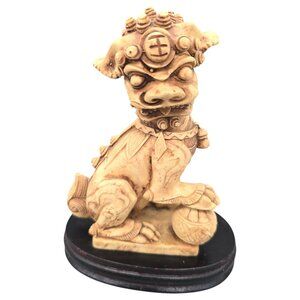 Vintage Chinese Hand Carved Resin Foo Dog Lion Statue Wood Base 5.5"